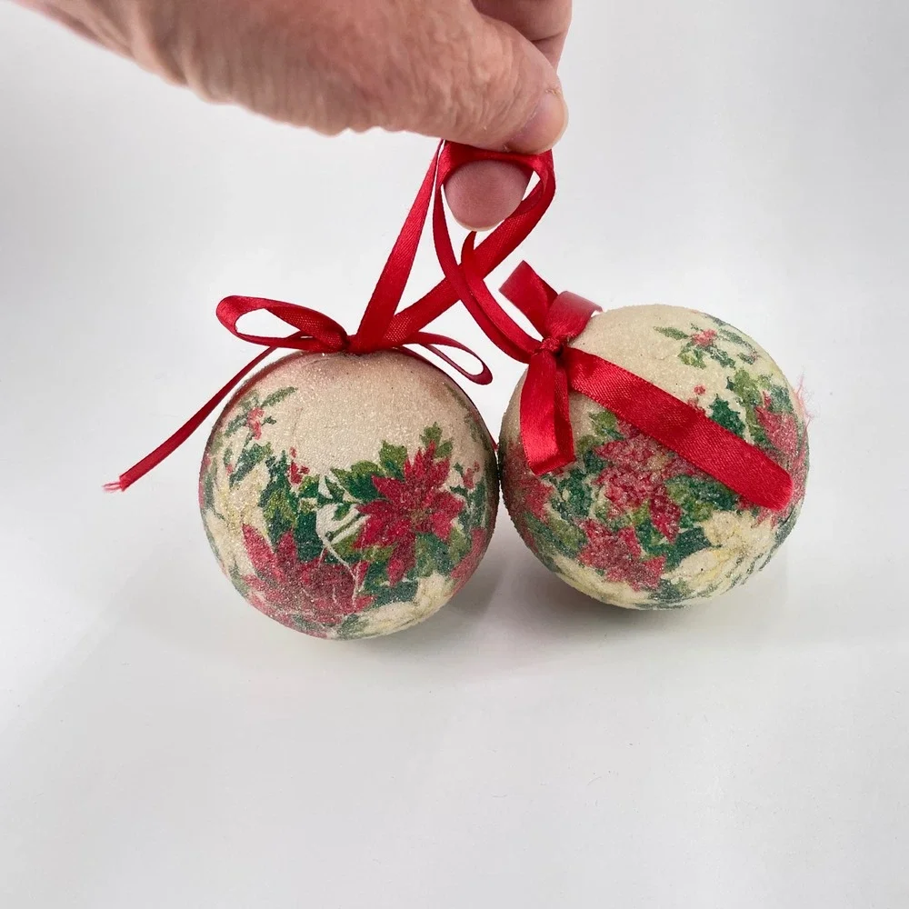 Vintage Christmas Ornament Lot 7pc Disco Balls Poinsettia Victorian Santa Bell